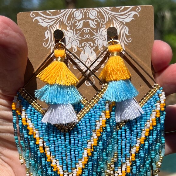 Handmade Beaded Long Tassel Fringe Dangle Drop Bohemian Post Diamond Earrings - Picture 4 of 9
